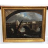 19th century school, view from an archway of workers before a bridge, oil on canvas, unsigned, verso