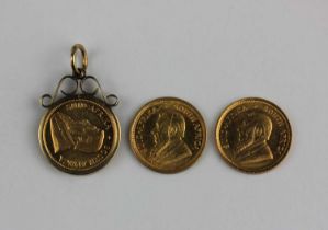 Three 1/10th oz gold Krugerrand coins dated 1982,1983,1985, one in a 9ct gold loose pendant mount