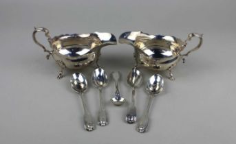 A pair of Edward VII silver sauce boats on three hoof feet, maker Elkington & Co, Birmingham 1908 (