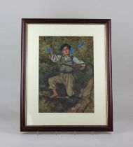 W O Harding, boy amongst branches, 'Shaking Down Olives', watercolour, unsigned, verso later