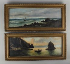 G de Simone, two coastal views of boats sailing off a shoreline and figure in a rowing boat, oil