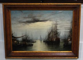 Maritime school, ship at anchor, oil on board, verso part paper label indistinctly inscribed, 42cm