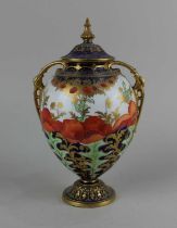 A Royal crown derby porcelain vase and cover decorated with poppies and daisies, with gilt
