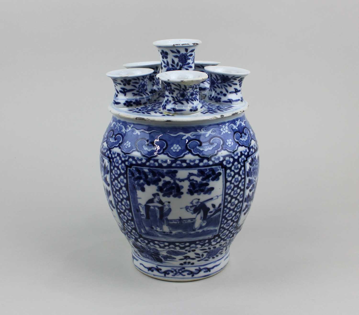 A Chinese blue and white porcelain tulip vase baluster form of flowers, foliage and figures,