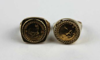 Two Krugerrand 1/10th gold coin rings coins dated 1981 and 1985 in 9ct gold rings,15.3g