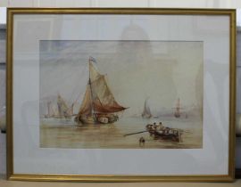 Manner of James Webb (1825-1895), shipping off a coastline, watercolour, verso inscribed, 31cm by