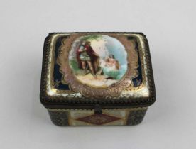 A Vienna style gilt metal mounted porcelain trinket box with figural decoration, gilt