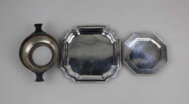 A George V silver card tray square form with cut corners and beaded border, engraved initials, maker