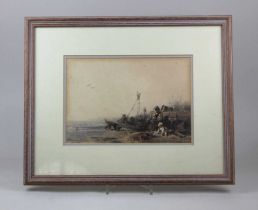 Eduard Hildebrandt (German, 1818-1868), fisherfolk mending nets at the waters edge, watercolour,
