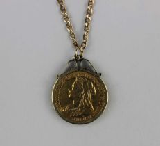 A Victorian gold sovereign dated 1899, in loose mount with neck chain