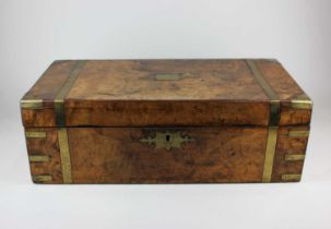 A Victorian brass mounted walnut writing slope with secret compartment, 50cm