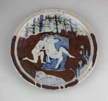 Y Eric James Mellon (1925-2014), a studio pottery shallow dish 'Selene' decorated with two nude