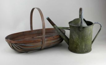 A Sussex trug 47.5cm, and a small galvanised watering can (a/f)