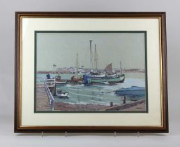 William Moppett (20th century), moored boats, 'Southwick by the Canal', gouache, signed, 30cm by