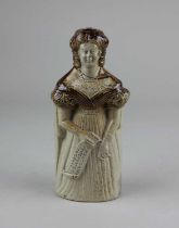 A 19th century Derbyshire brown stoneware reform flask modelled as Queen Alexandrina Victoria