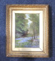 Edwardian school, view through a bluebell wood, oil, monogrammed AHN and dated 1908, 35cm by 26cm