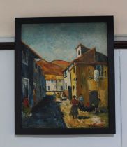 Percy Kenward (20th century), continental street scene with mountains beyond, oil on canvas, signed,