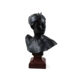 Alexandre Falguiere (1831-1900), a bronze bust of 'Diana', signed, with foundry mark, mounted on red
