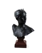 Alexandre Falguiere (1831-1900), a bronze bust of 'Diana', signed, with foundry mark, mounted on red