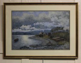 F McAllister (Scottish, fl. 1910-1946), river landscape with cottage, 'Moonrise on Clyde (Early