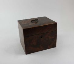 A 19th century mahogany apothecary box, the hinged lid revealing three glass bottles with part