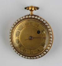 A gold turquoise and seed pearl key wind open faced ladies fob watch with an unsigned fusee movement