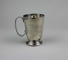 A George VI silver beaker with engraved initials and presentation inscription, maker Davies &