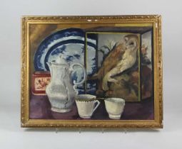 Doris Elkins (20th century), still life with owl, oil on board, unsigned, verso inscribed paper