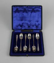 A cased set of six George V silver rat-tail teaspoons, maker James Deakin & Sons, Sheffield 1910 1.