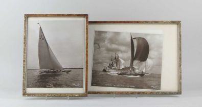 Two Beken & Son Cowes monochrome photographs of sailing vessels, signed and inscribed in white