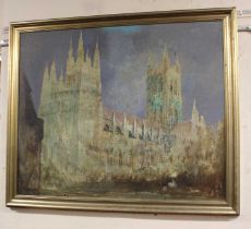 Y William Edward Ware (1915-1997), Canterbury cathedral, oil on board, signed, 94cm by 130cm (