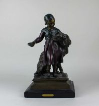 After Moreau, patinated bronze figure group of girl with dog, inscribed brass plaque to base, 37cm