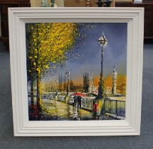 Nigel Cooke, London street scene, view of the Houses of Parliament, oil on board, signed, 76cm by