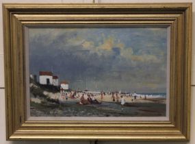 Y Roy Petley (b 1950), Suffolk beach scene, possibly Aldeburgh, 'The White Dress', oil on board,