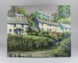 Marjorie Wright, Devon cottages beside a stream, 'Withypool', oil on board, initialled, paper