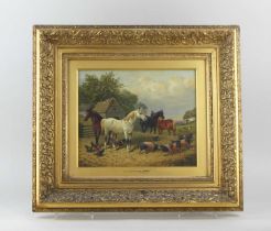 Follower of John Frederick Herring Junior (1815-1907), horses pigs and chickens outside Farm
