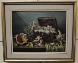 Constance Cooper (1905-1988), still life of shells and coral with casket, oil on canvas, unsigned,