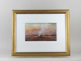 John Bond, 'Bonfire in a Field', oil, signed, verso faintly inscribed, 16cm by 27.5cm