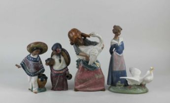 Four Lladro gres finish figures to include a girl holding a goose 24cm high