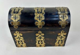 A Victorian Gothic Revival coromandel domed top stationary box applied with brass mounts, retailed