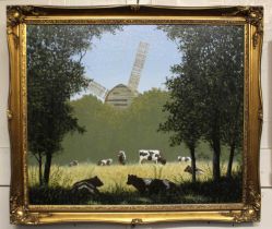 Y Edward Hersey (b 1948), view of a windmill through trees, cows in the foreground, oil on canvas,