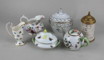 An Herend Hungary small porcelain teapot decorated with birds and butterflies and a matching sugar