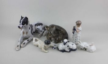 A Bing & Grondahl porcelain model of a Great Dane and five various Royal Copenhagen porcelain