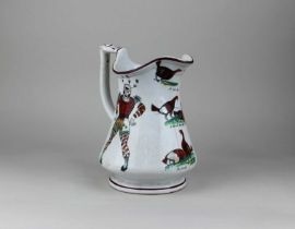 A Victorian Elsmore & Forster harlequin cockfighting water jug decorated with an annotated