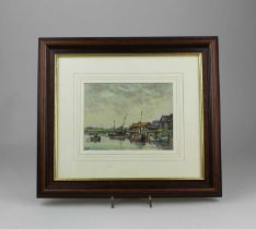 Y Circle of Jack Cox (1914-2007), harbour scene with moored boats, oil on board, signed 'Cox', 11.
