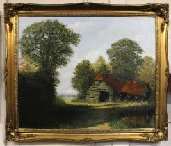 Y Edward Hersey (b 1948), country path with derelict barn, oil on canvas, signed and dated 85, 44.