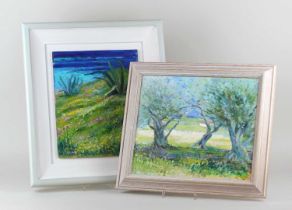 Greta Tomlison, two oils on boards comprising 'Olive trees Provence', signed, verso paper label
