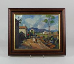 Spanish School landscape with wagon and figures on a road, oil on board, unsigned, 24cm by 31cm