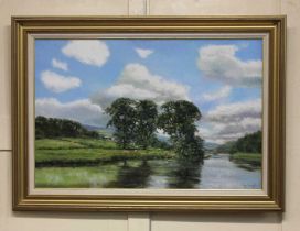 Tony Wooding, river landscape, oil on canvas, signed, 49cm by 74cm