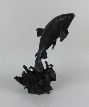James Osbourne (British 1940-1992) A bronze model of a leaping salmon signed to base, 31cm high (a/f